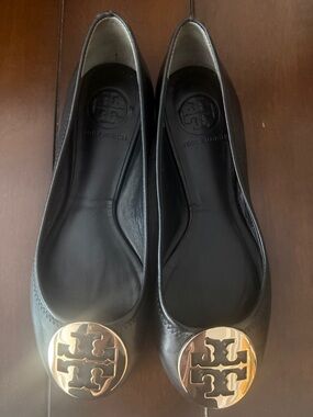 Tory Burch Black Leather Flats with Gold Logo Discs